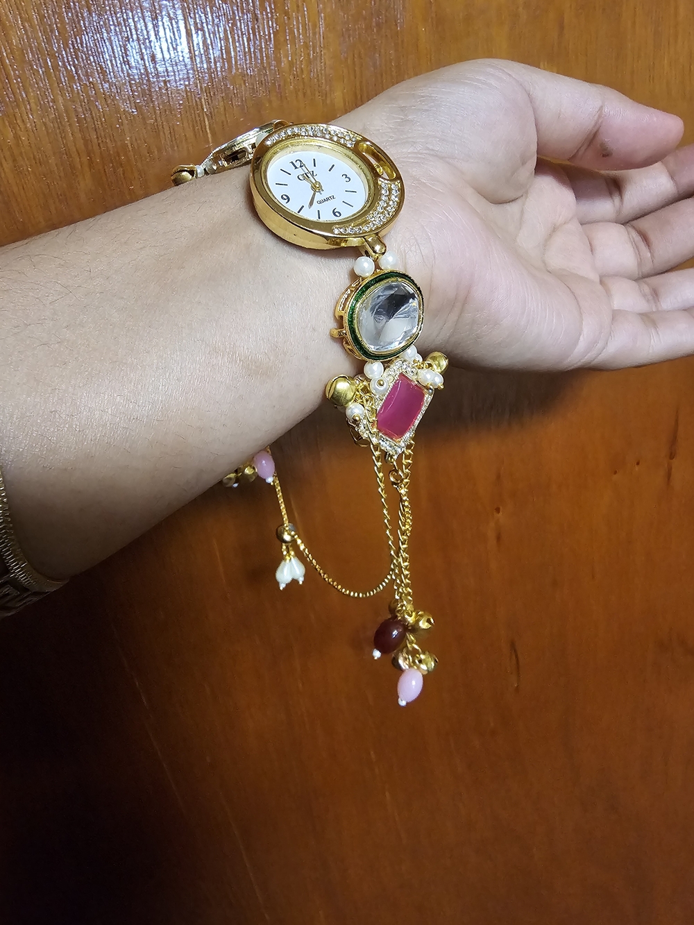 Gold-tone Gemstone Bracelet Watch with Pink Accents